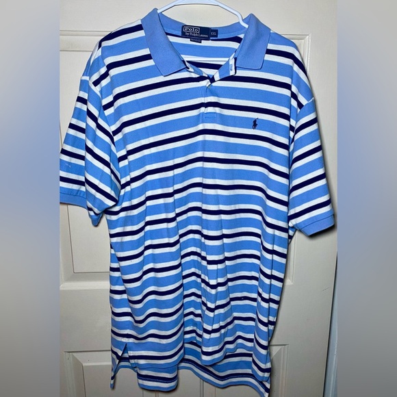 Ralph Lauren Polo Men’s Blue White Striped‎ Short Sleeve Knit Shirt, 2xL - Picture 1 of 3